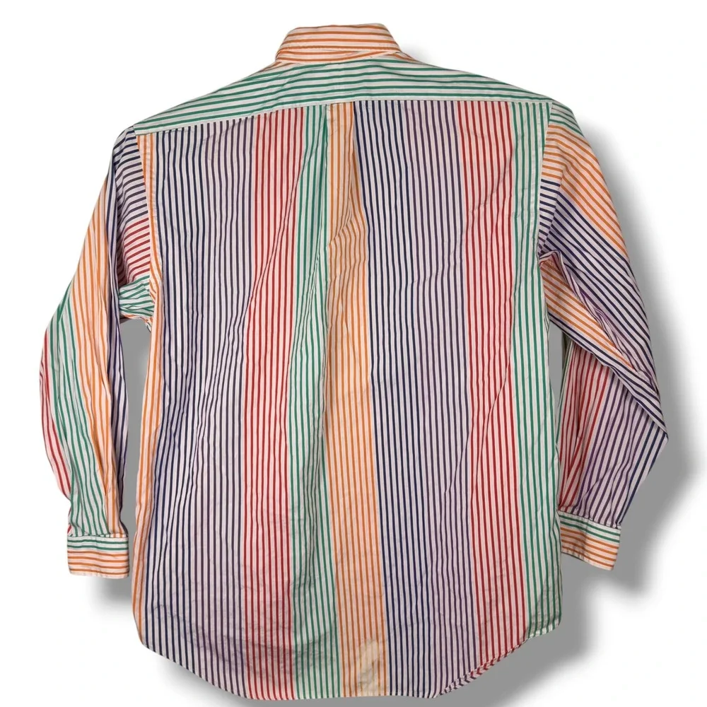 Vintage Ralph Lauren Button Down Mens L Multicolor Stripe Poplin Rainbow Blaire